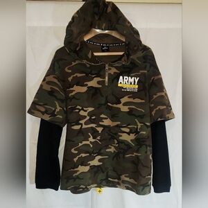 Teebox Camo Short-sleeve Hoodie w/ Black Long Sleeves ARMY Military Squad Large